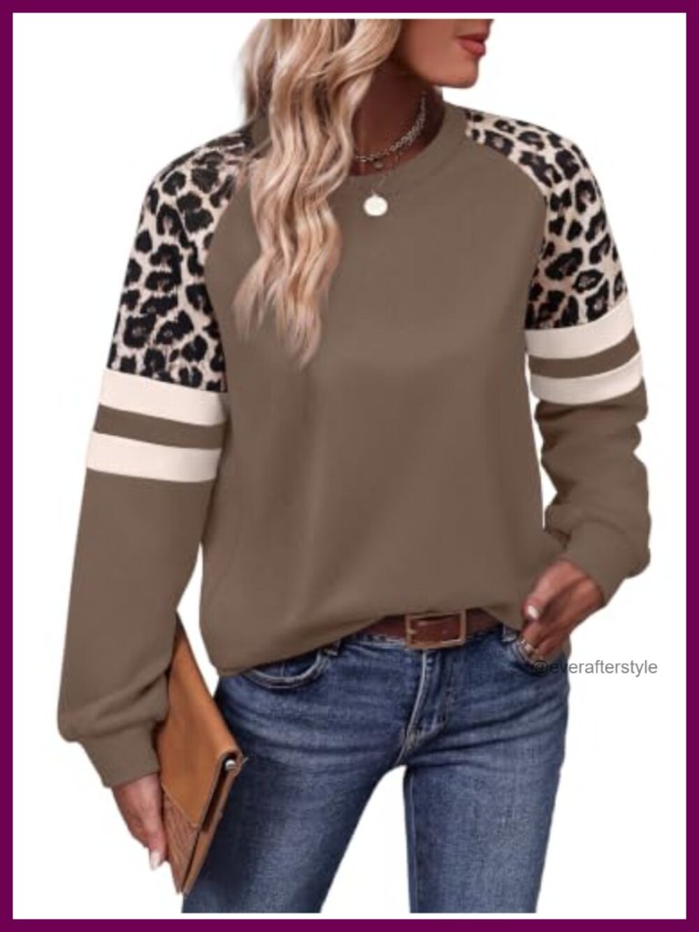 Womens Color Block Crewneck Sweatshirt Leopard Print Sleeve Loose Fit Tunic
